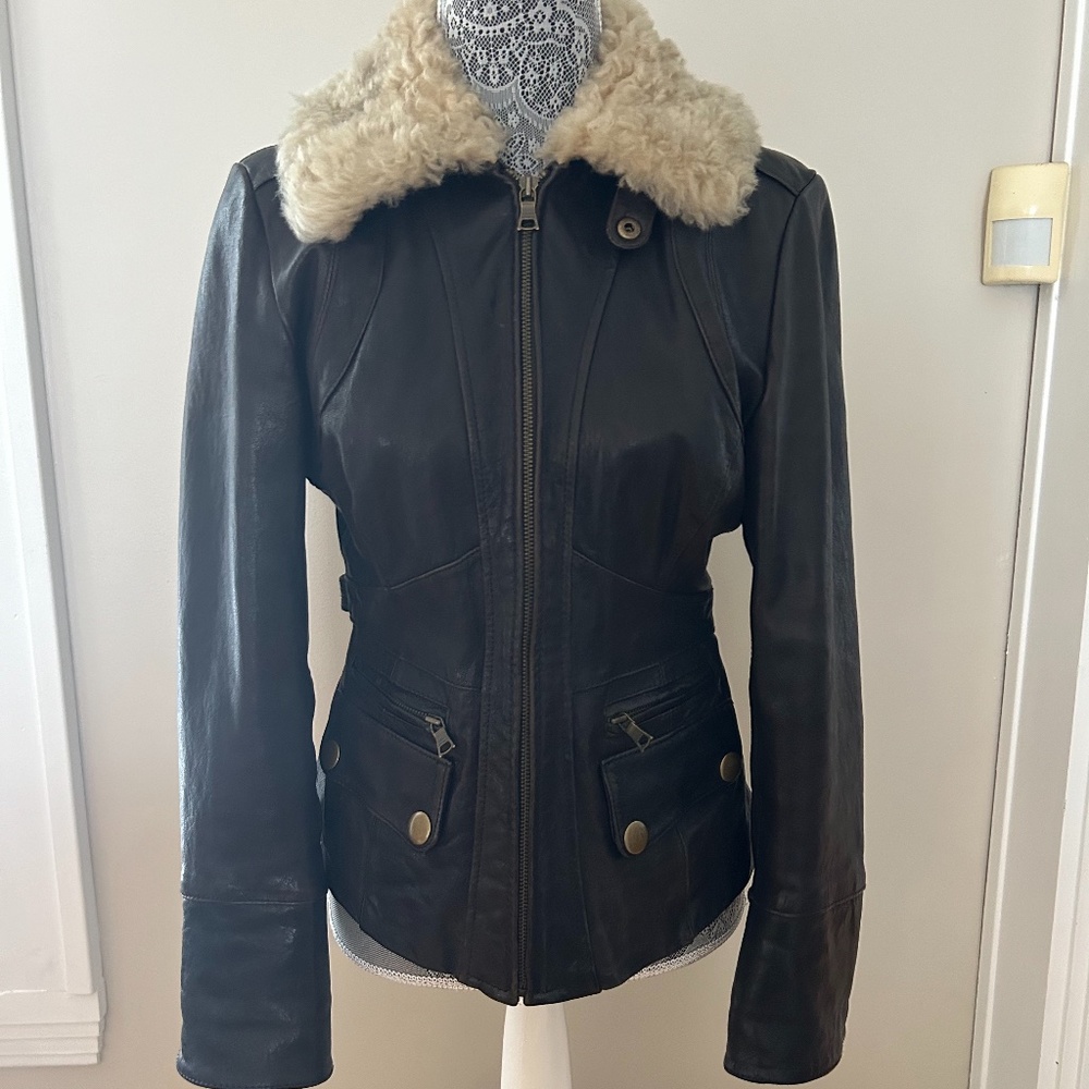 Banana Republic Brown Leather Jacket with Cream Collar